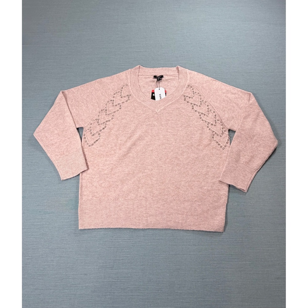 Express V-Neck Sweater Women XS Pink New Rhinestone Embellished Long Sleeve